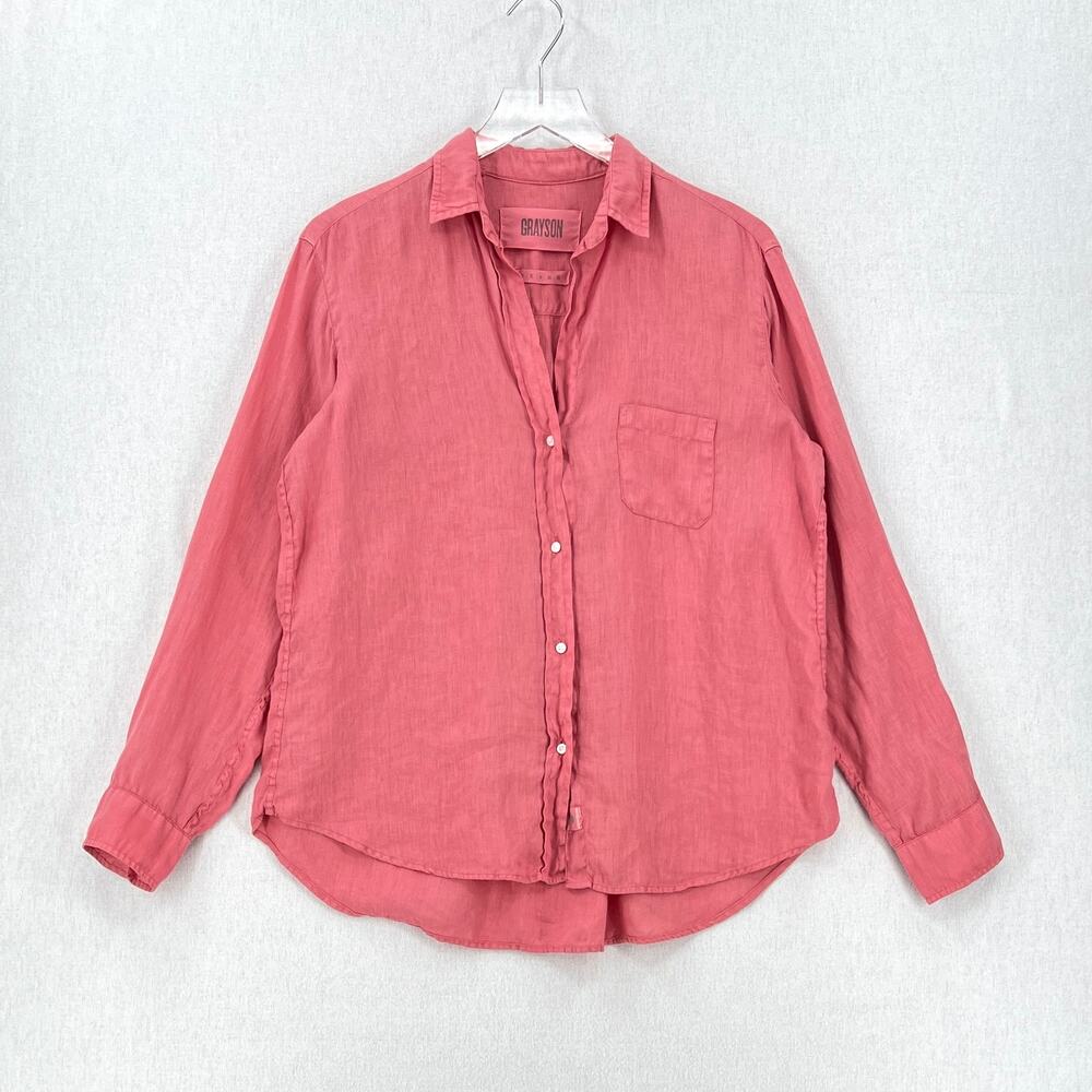 GRAYSON The Hero Button Up Shirt Womens Medium Coral Pink Linen Long Sleeve - Picture 2 of 12